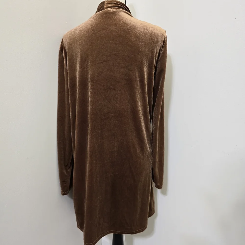 HIPSTER ROW size XL Draping Open Front Velour Cardigan Front Patch Pockets Brown